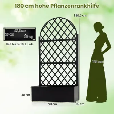 Kvetináč s mriežkou, zástenu na ochranu súkromia s kvetináčom a drenážnymi otvormi, vyrobený z kovu, 90 x 40 x 180 cm, čierny