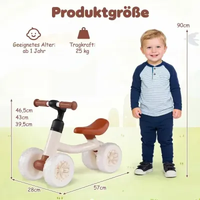 Detský odrážadlo so 4 svietiacimi kolesami, bezpedálový odrážadlo s obmedzovačom riadenia 45°, biele