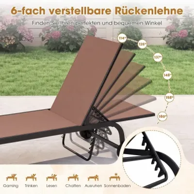 Záhradné ležadlo s kolieskami. Robustné záhradné ležadlo s 6-polohovým nastaviteľným operadlom až do 180°. Ploché. Hnedé.