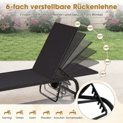 Sada 2 ležadiel s kolieskami. Robustné záhradné ležadlo so 6-polohovým nastaviteľným operadlom (do 180°). Ploché. čierne.