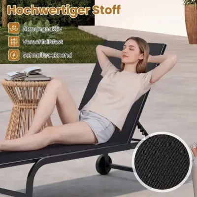 Sada 2 ležadiel s kolieskami. Robustné záhradné ležadlo so 6-polohovým nastaviteľným operadlom (do 180°). Ploché. čierne.