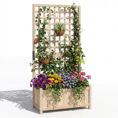 Kvetinový kôš s opornou mriežkou – vyvýšený záhon z masívneho dreva pre kvety a popínavé rastliny – kvetinový záhon 76 x 32 x 143 cm