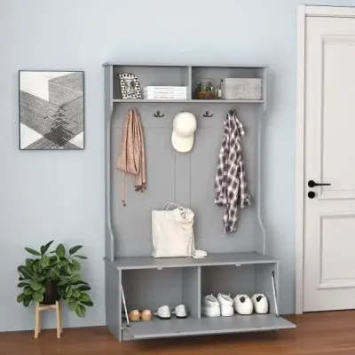 Šatníkový stojan s lavičkou a 5 dvojitými háčikmi – predsieňový šatník 100 x 40 x 160 cm, sivý