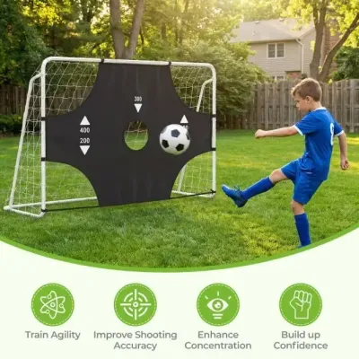 Futbalová bránka s odnímateľnou bránkovou doskou, hádzanárska bránka s 5 otvormi na strely a upevňovacím systémom, biela, 215 × 77 × 152 cm