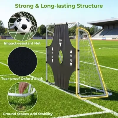 Futbalová bránka s odnímateľnou bránkovou doskou, hádzanárska bránka s 5 otvormi na strely a upevňovacím systémom, biela, 215 × 77 × 152 cm