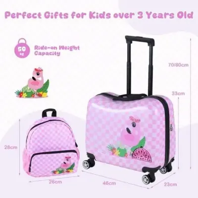 2-dielna detská súprava – kufor + batoh, 12" + 18", detský kufor na kolieskach s vodotesným tvrdým plášťom, ružový (flamingo)