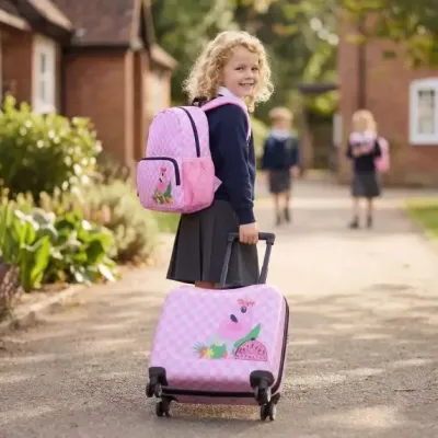 2-dielna detská súprava – kufor + batoh, 12" + 18", detský kufor na kolieskach s vodotesným tvrdým plášťom, ružový (flamingo)