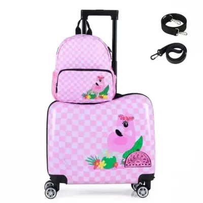 2-dielna detská súprava – kufor + batoh, 12" + 18", detský kufor na kolieskach s vodotesným tvrdým plášťom, ružový (flamingo)