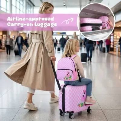 2-dielna detská súprava – kufor + batoh, 12" + 18", detský kufor na kolieskach s vodotesným tvrdým plášťom, ružový (flamingo)