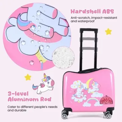 2-dielna detská súprava – kufrík + batoh, 12" + 18", detský kufrík na kolieskach, ružový (jednorožec)