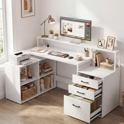 Písací stôl v tvare L so zásuvkami, zásuvkami a regálom s kockami – počítačový stôl, biely