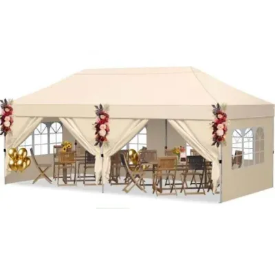 Skladací pavilón 3 x 6 m so 4 bočnými stenami, záhradný pavilón s nastaviteľnou výškou, pop-up pavilón, béžový