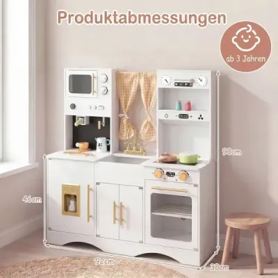 Detská kuchynka s kuchynským príslušenstvom, drevená detská kuchynka s mikrovlnnou rúrou, 92 x 35 x 90 cm, pre deti od 3 rokov, biela