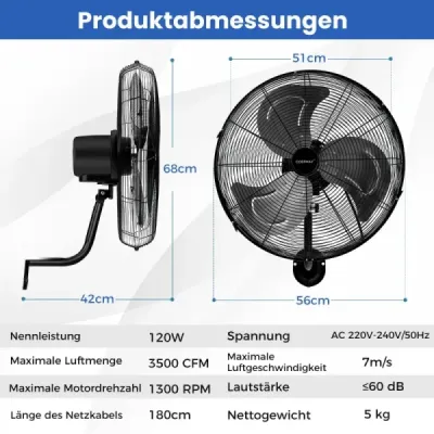 ES10330DE-BK Ø56 cm nástenný ventilátor Oscilačný ventilátor pre sklad skleník dielňu terasu a pivnicu čierny SKLADOM