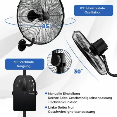 ES10330DE-BK Ø56 cm nástenný ventilátor Oscilačný ventilátor pre sklad skleník dielňu terasu a pivnicu čierny SKLADOM