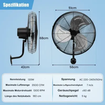 ES10330DE-BK Ø56 cm nástenný ventilátor Oscilačný ventilátor pre sklad skleník dielňu terasu a pivnicu čierny SKLADOM
