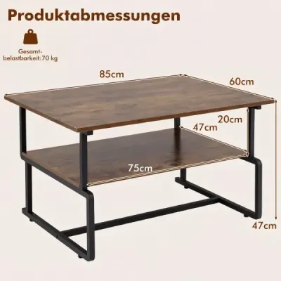 2-úrovňový konferenčný stolík – obdĺžnikový stolík do obývačky s kovovou konštrukciou a vzhľadom dreva, 85 x 60 x 47 cm
