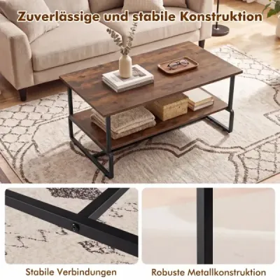2-úrovňový konferenčný stolík – obdĺžnikový stolík do obývačky s kovovou konštrukciou a vzhľadom dreva, 85 x 60 x 47 cm