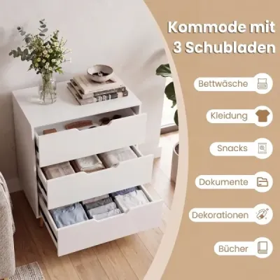 Komoda s 3 zásuvkami z dreva – moderná komoda s kužeľovitými kovovými nohami, biela