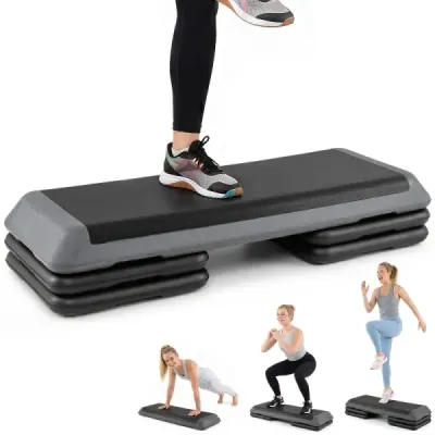 Aerobický stepper s nastaviteľnou výškou, fitness stepper so 4 opornými blokmi, štruktúrovaný povrch, sivý