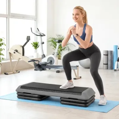 Aerobický stepper s nastaviteľnou výškou, fitness stepper so 4 opornými blokmi, štruktúrovaný povrch, sivý