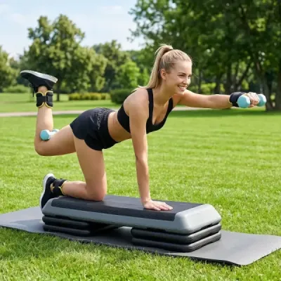 Aerobický stepper s nastaviteľnou výškou, fitness stepper so 4 opornými blokmi, štruktúrovaný povrch, sivý