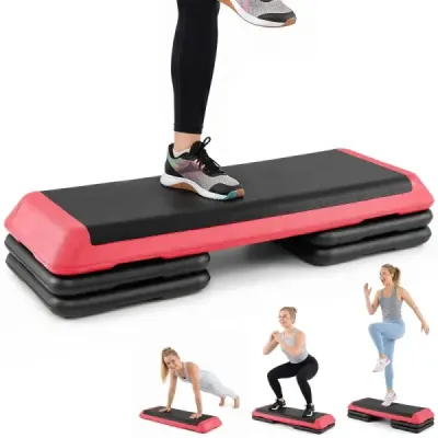 Aerobný stepper s nastaviteľnou výškou, fitness stepper so 4 opornými blokmi, štruktúrovaný povrch, červený