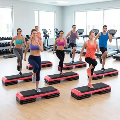 Aerobný stepper s nastaviteľnou výškou, fitness stepper so 4 opornými blokmi, štruktúrovaný povrch, červený