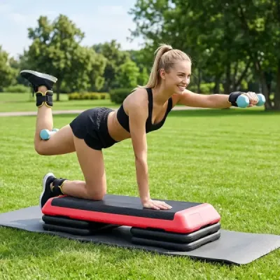 Aerobný stepper s nastaviteľnou výškou, fitness stepper so 4 opornými blokmi, štruktúrovaný povrch, červený