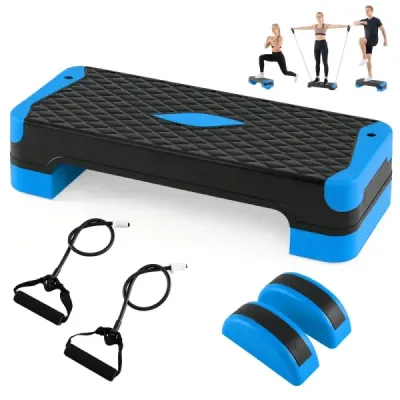 Aerobický stepper 3 v 1, výškovo nastaviteľný fitness stepper s 2 stohovateľnými nadstavcami a trenažérmi rovnováhy, modrý
