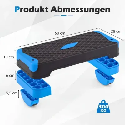 Aerobický stepper 3 v 1, výškovo nastaviteľný fitness stepper s 2 stohovateľnými nadstavcami a trenažérmi rovnováhy, modrý