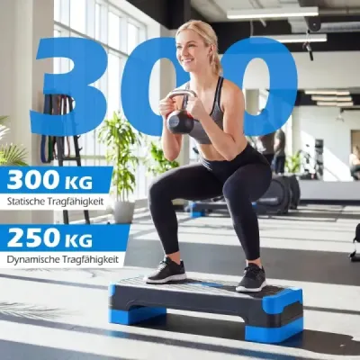 Aerobický stepper 3 v 1, výškovo nastaviteľný fitness stepper s 2 stohovateľnými nadstavcami a trenažérmi rovnováhy, modrý