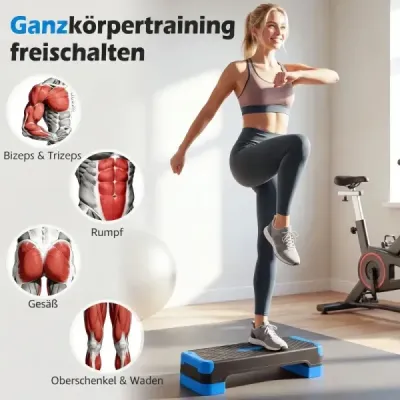 Aerobický stepper 3 v 1, výškovo nastaviteľný fitness stepper s 2 stohovateľnými nadstavcami a trenažérmi rovnováhy, modrý