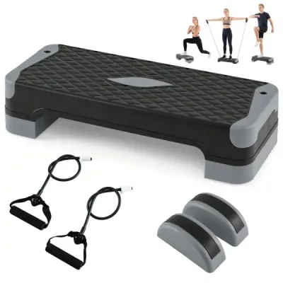Aerobický stepper 3 v 1, výškovo nastaviteľný fitness stepper s 2 stohovateľnými nadstavcami a trenažérmi rovnováhy, sivý
