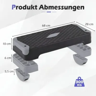 Aerobický stepper 3 v 1, výškovo nastaviteľný fitness stepper s 2 stohovateľnými nadstavcami a trenažérmi rovnováhy, sivý