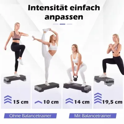 Aerobický stepper 3 v 1, výškovo nastaviteľný fitness stepper s 2 stohovateľnými nadstavcami a trenažérmi rovnováhy, sivý