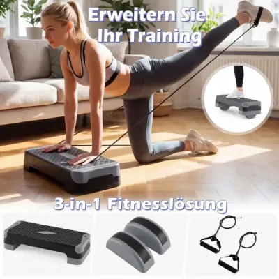 Aerobický stepper 3 v 1, výškovo nastaviteľný fitness stepper s 2 stohovateľnými nadstavcami a trenažérmi rovnováhy, sivý