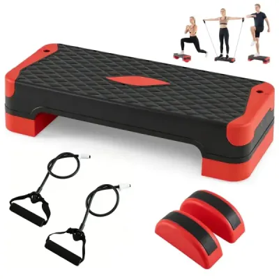 Aerobický stepper 3 v 1, výškovo nastaviteľný fitness stepper s 2 stohovateľnými nadstavcami a trenažérmi rovnováhy, červený