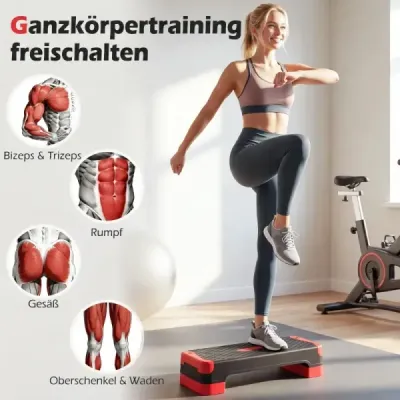 Aerobický stepper 3 v 1, výškovo nastaviteľný fitness stepper s 2 stohovateľnými nadstavcami a trenažérmi rovnováhy, červený