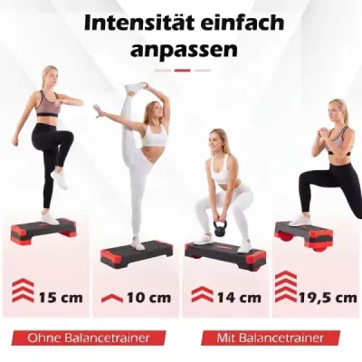 Aerobický stepper 3 v 1, výškovo nastaviteľný fitness stepper s 2 stohovateľnými nadstavcami a trenažérmi rovnováhy, červený