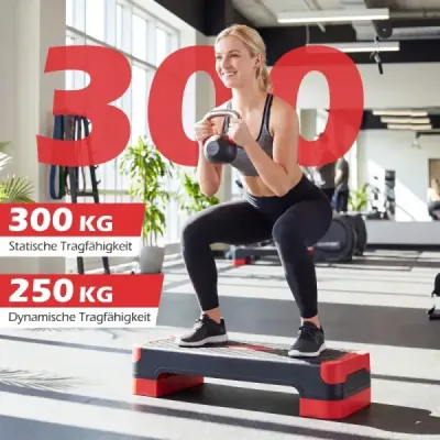 Aerobický stepper 3 v 1, výškovo nastaviteľný fitness stepper s 2 stohovateľnými nadstavcami a trenažérmi rovnováhy, červený