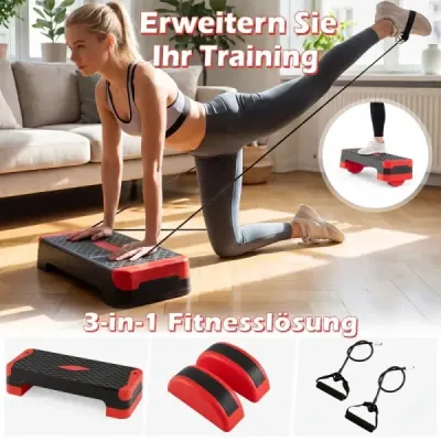 Aerobický stepper 3 v 1, výškovo nastaviteľný fitness stepper s 2 stohovateľnými nadstavcami a trenažérmi rovnováhy, červený