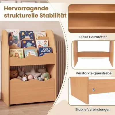 Detská knižnica – 3-policová drevená polička na hračky v štýle Montessori s výsuvnou zásuvkou, prírodná farba