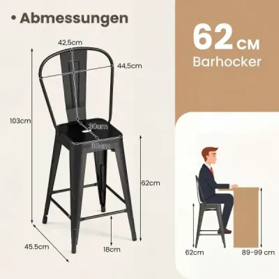 Sada 4 ks kovových barových stoličiek – ergonomická barová stolička s odnímateľným operadlom, čierna