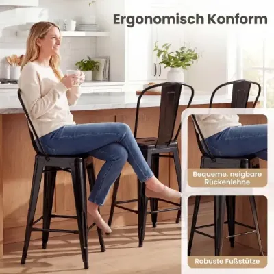 Sada 4 ks kovových barových stoličiek – ergonomická barová stolička s odnímateľným operadlom, čierna