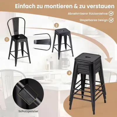 Sada 4 ks kovových barových stoličiek – ergonomická barová stolička s odnímateľným operadlom, čierna