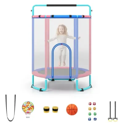 Detská trampolína 154 cm, detská trampolína 6 v 1 s hrazdou, hojdačkou a kruhmi, modrá