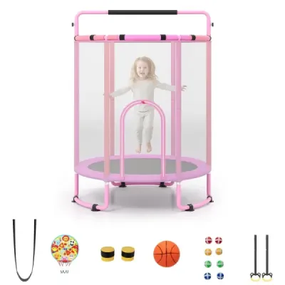 Detská trampolína 154 cm, detská trampolína 6 v 1 s hrazdou, hojdačkou a kruhmi, ružová