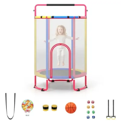 Detský trampolín 6 v 1 s bezpečnostnou sieťou a žiarovo pozinkovaným kovovým rámom, 140 x 140 x 214 cm, farebný