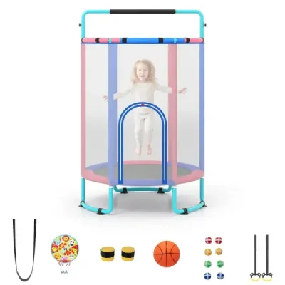 Detský trampolín 6 v 1 s bezpečnostnou sieťou a žiarovo pozinkovaným kovovým rámom, 140 x 140 x 214 cm, modrý